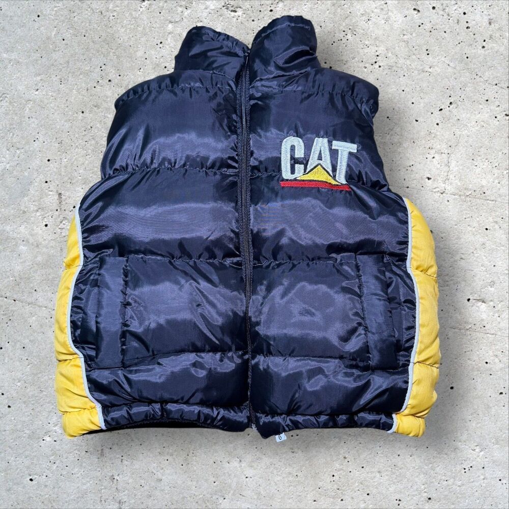 Caterpillar CAT Puffer Vest Youth Size 6 Black Yellow Big Logo Workwear Insulate